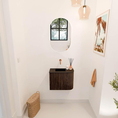 Mondiaz JOYA 51.6cm toiletmeubel - ronding rechts kleur Walnut - Wastafel FAYE positie Links Zonder kraangat kleur Urban.