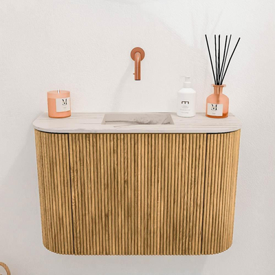 Mondiaz JOYA-DLUX 63.2cm toiletmeubel - ronding links en rechts kleur Oak - Wastafel FAYE positie Midden Zonder kraangat kleur Nata.