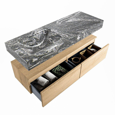 Mondiaz ALAN-DLUX Ensemble de meuble - 130cm - meuble Washed Oak mat - 2 tiroirs - Lavabo Cloud Lava suspendu - vasque Gauche - 0 trous de robinet