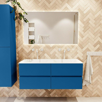 Mondiaz VICA ensemble de meuble de salle de bain - 120cm - meuble sous-vasque jeans - 4 tiroirs - lavabo cloud double - 2 trous de robinet - couleur talc - miroir LED - version XL 60cm de haut