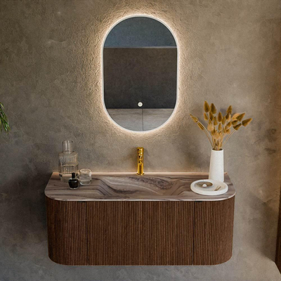 MONDIAZ KURVE-DLUX 110cm badmeubel ronding Links + Rechts kleur Walnut met 1 lade en 2 deuren. Wastafel CLOUD Midden 1 kraangat Sombra.
