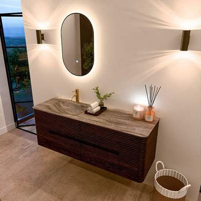 Mondiaz CIRO-DLUX Meuble de salle de bains - 140x45x50cm - Plan vasque solid surface Oza - 1 bassin à gauche - 1 trou de robinet - 4 tiroirs - Noyer