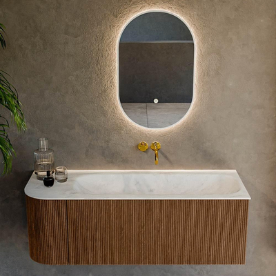 MONDIAZ KURVE-DLUX 125cm Meuble salle de bain avec module 25 G - couleur Walnut - 1 tiroir - 1 porte - vasque BIG MEDIUM droite - sans trou de robinet - couleur Opalo