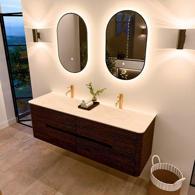 Mondiaz CIRO-DLUX Badkamermeubelset - 150x45x50cm - Solid surface wastafel Meli - 2 wasbak Dubbel - 2 kraangaten - 4 lades - Walnut