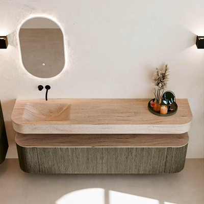 MONDIAZ THOR-DLUX 190cm meuble de salle de bains arrondi gauche + droite couleur Shadow avec 2 tiroirs et 2 portes. Vasque suspendue CLOUD Gauche sans trou de robinet couleur Saba.