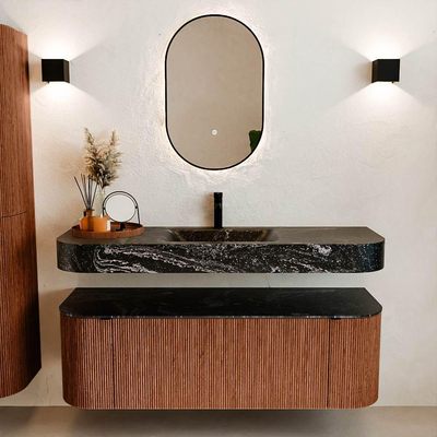 MONDIAZ THOR-DLUX 140cm meuble de salle de bains arrondi gauche + droite couleur Ruby avec 1 tiroir et 2 portes. Vasque suspendue CLOUD Milieu 1 trou de robinet couleur Lava.