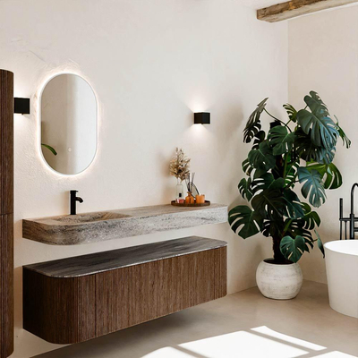 MONDIAZ THOR-DLUX 160cm meuble de salle de bains arrondi gauche + droite couleur Walnut avec 1 tiroir et 2 portes. Vasque suspendue CLOUD Gauche 1 trou de robinet couleur Oza.