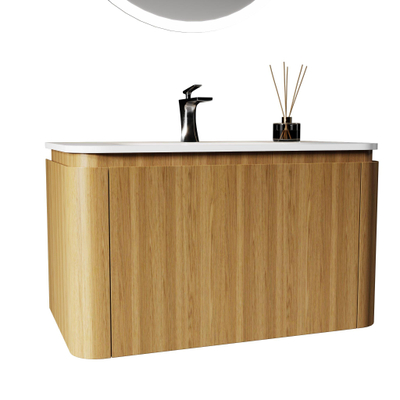 Saniclass Terra Ensemble meuble de salle de bains - 80cm - 2 tiroirs - vasque en solid surface - 1 vasque - 1 trou de robinet - coins arrondis - sandwood (chene clair)
