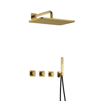Hotbath Gal IBSGL70 Thermostatische doucheset inbouw - 2 stopkranen - 35cm wandarm - 27cm rechtoekige hoofddouche - staafhanddouche - messing geborsteld PVD