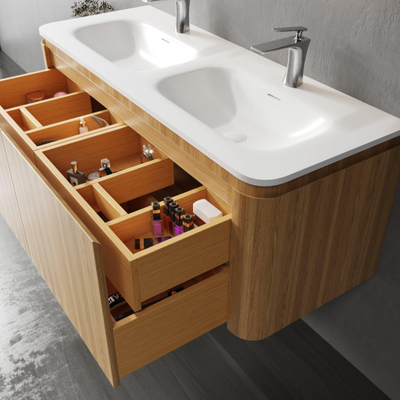 Saniclass Terra Meuble sous lavabo - 120cm - 2 tiroirs - lavabo solid surface - 1 cuve - 2 trous de robinet - coins arrondis - sandwood (chene clair)