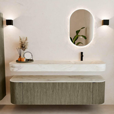 MONDIAZ THOR-DLUX Meuble de salle de bains 170cm arrondi gauche + droite couleur Shadow avec 1 tiroir et 2 portes. Vasque suspendue CLOUD Droite 1 trou de robinet couleur Ostra.