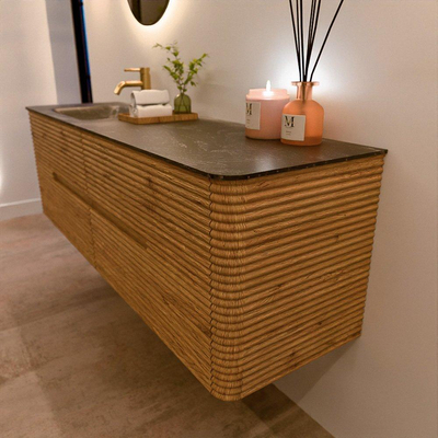Mondiaz CIRO-DLUX Meuble de salle de bains - 160x45x50cm - Plan vasque solid surface Lava - 1 lavabo à gauche - 1 trou de robinet - 4 tiroirs - Chêne