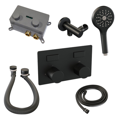 BRAUER Black Carving mitigeur de bain encastré thermostatique - boutons-poussoirs SET 04 - combinaison de remplissage de bain - douchette 3 jets - flexible de douche - coude de raccordement mural - noir mat