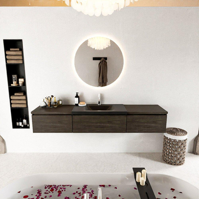 MONDIAZ BUKLA 200cm badmeubel met module 60 kleur Dark Brown met 3 lades. Wastafel CLOUD midden 1 kraangat kleur Urban.