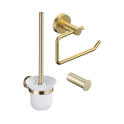 Fortifura Calvi Toiletset 3-delig - toiletrolhouder - zonder klep - toiletborstel - handdoekhaak enkel rond - PVD - geborsteld messing (goud)