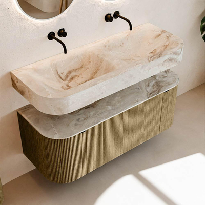 MONDIAZ THOR-DLUX 120cm meuble de salle de bains arrondi gauche + droite couleur Dusk avec 1 tiroir et 2 portes. Vasque suspendue CLOUD Double sans trou de robinet couleur Frappe.