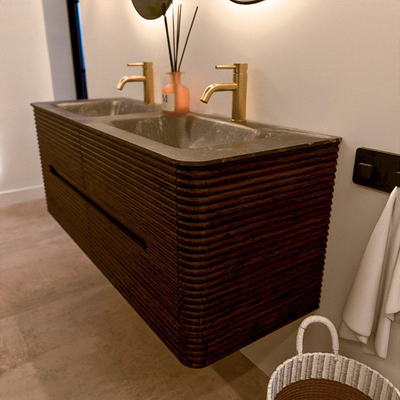 Mondiaz CIRO-DLUX Badkamermeubelset - 130x45x50cm - Solid surface wastafel Lava - 2 wasbak Dubbel - 2 kraangaten - 4 lades - Walnut