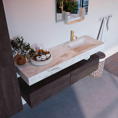Mondiaz ALAN-DLUX Ensemble de meuble de salle de bains - 150x46cm - 2 tiroirs - lavabo suspendu - 1 trou de robinet - 2 à droite - Dark brown (chêne foncé)