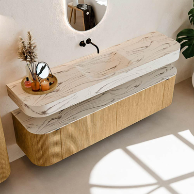 MONDIAZ THOR-DLUX 180cm badmeubel ronding links + rechts kleur Oak met 2 lades en 2 deuren. Vrijhangende wastafel CLOUD Midden zonder kraangat kleur Nata.