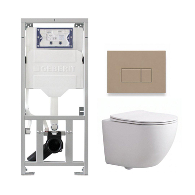 Pack WC QeramiQ Dely Swirl Compact - réservoir encastrable Geberit UP320 - avec bâti-support Burda - abattant slim - plaque de commande en plastique taupe - boutons rectangulaires - blanc brillant