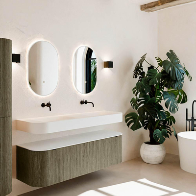 MONDIAZ THOR 150cm meuble de salle de bains arrondi gauche + droite couleur Shadow avec 1 tiroir et 2 portes. Vasque suspendue CLOUD Double sans trou de robinet couleur Talc.