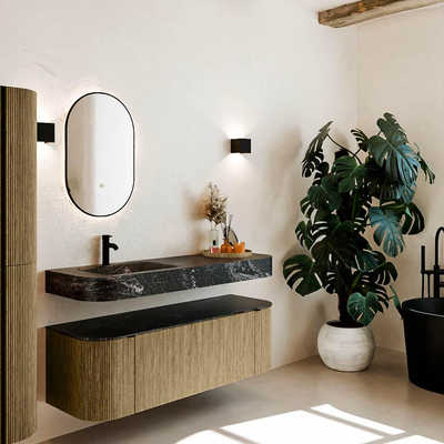 MONDIAZ THOR-DLUX 140cm meuble de salle de bains arrondi gauche + droite couleur Dusk avec 1 tiroir et 2 portes. Vasque suspendue CLOUD Gauche 1 trou de robinet couleur Lava.