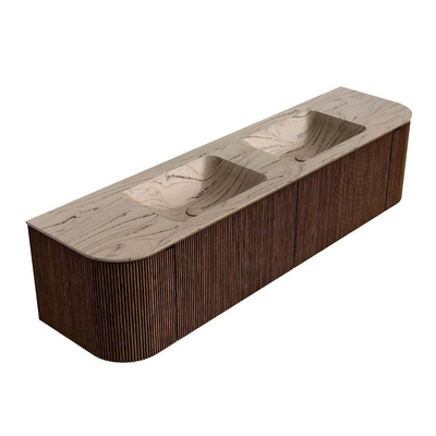 MONDIAZ KURVE-DLUX Meuble de salle de bains 180cm arrondi Gauche + Droite couleur Walnut avec 2 tiroirs et 2 portes. Lavabo LEAF Double sans trou de robinet Arena.