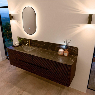 Mondiaz CIRO-DLUX Meuble de salle de bains - 180x45x50cm - Lavabo solid surface Lava - 1 vasque à gauche - 1 trou pour robinet - 4 tiroirs - Noyer