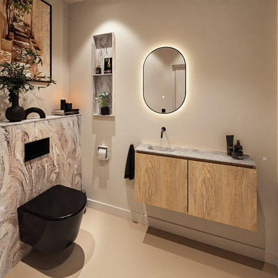 MONDIAZ TURE-DLUX Meuble toilette - 100cm - Washed Oak - EDEN - vasque Glace - position gauche - sans trou de robinet