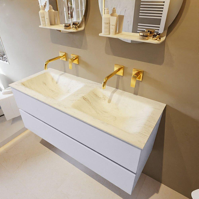 Mondiaz VICA-DLUX ensemble de meuble de salle de bain - 120cm - meuble sous-vasque cale - 2 tiroirs - lavabo encastré cloud double - sans trous de robinet - version haute de 60cm - opalo