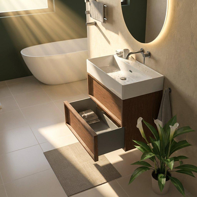 Saniclass Holz Frame Ensemble de meubles de salle de bains - 80x45x72cm - Legend lavabo en céramique blanc - 1 vasque - sans trou de robinet - 2 tiroirs - noyer pure mat (bois)