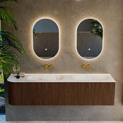 MONDIAZ KURVE-DLUX Meuble de salle de bains 175 cm avec module 25 L couleur Walnut avec 2 tiroirs et 1 porte. Lavabo STOR SMALL double / à droite sans trou de robinet couleur Opalo.