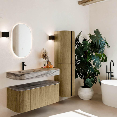 MONDIAZ THOR-DLUX 110cm badmeubel ronding links + rechts kleur Dusk met 1 lade en 2 deuren. Vrijhangende wastafel CLOUD Links 1 kraangat kleur Sombra.