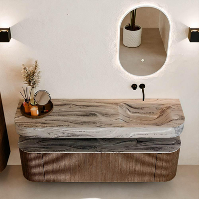 MONDIAZ THOR-DLUX 160cm badmeubel ronding links + rechts kleur Walnut met 1 lade en 2 deuren. Vrijhangende wastafel CLOUD Rechts zonder kraangat kleur Sombra.