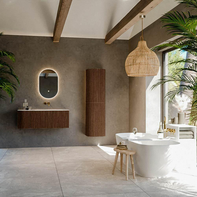 MONDIAZ KURVE-DLUX 115cm Meuble salle de bain avec module 25 G - couleur Walnut - 1 tiroir - 1 porte - vasque BIG SMALL droite - sans trou de robinet - couleur Ostra