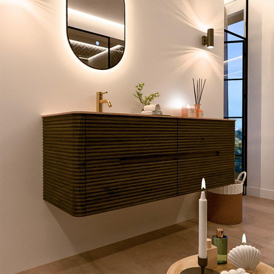 Mondiaz CIRO-DLUX Badkamermeubelset - 140x45x50cm - Solid surface wastafel Saba - 1 wasbak Links - 1 kraangat - 4 lades - Shadow