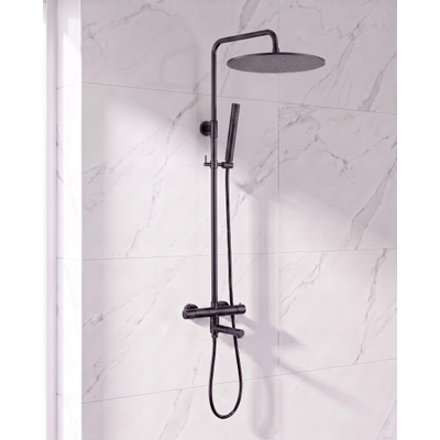 Fortifura Calvi Ensemble de douche pluie - thermostatique - pomme de douche de tête 30cm - flexible métallique - douchette bâton - bec de baignoire pivotant - noir mat