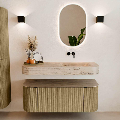 MONDIAZ THOR-DLUX 120cm meuble de salle de bains arrondi gauche + droite couleur Dusk avec 1 tiroir et 2 portes. Vasque suspendue CLOUD droite sans trou de robinet couleur Arena.