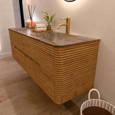 Mondiaz CIRO-DLUX Badkamermeubelset - 150x45x50cm - Solid surface wastafel Oza - 1 wasbak Rechts - 1 kraangat - 4 lades - Oak