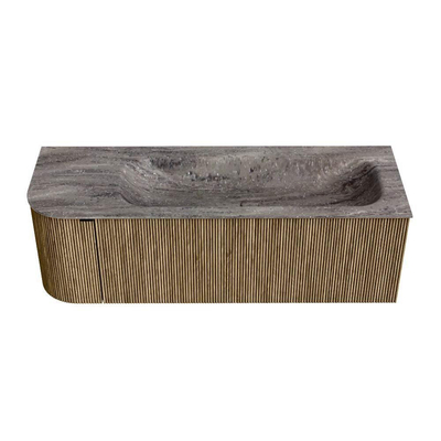 MONDIAZ KURVE-DLUX Meuble de salle de bains 135cm arrondi gauche couleur Dusk avec 1 tiroir et 1 porte. Lavabo BIG MEDIUM droit sans trou de robinet Oza.