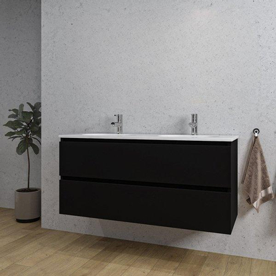 Saniclass Chaci Meuble de salle de bain - 120x45x55cm - lavabo en céramique brillant blanc - 2 vasques - 2 trous de robinet - 2 tiroirs - noir mat
