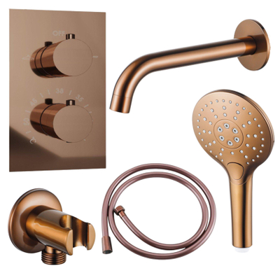 FugaFlow Eccelente Acces Badkraan set - uitloop - 22cm inkortbaar - gladde slang - ronde handdouche - inbouwdeel - wandhouder - geborsteld koper PVD