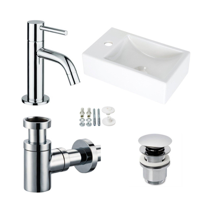 Plieger Houston ensemble lave-mains 37x23cm trou de robinet à gauche avec robinet d'eau froide chrome, siphon et vidage blanc brillant