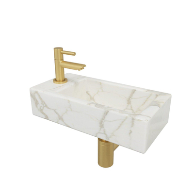 Wiesbaden Mini-Rhea fonteinset – 36x18x9 cm – keramiek wit – kraangat links – geborsteld gouden kraan – Amador