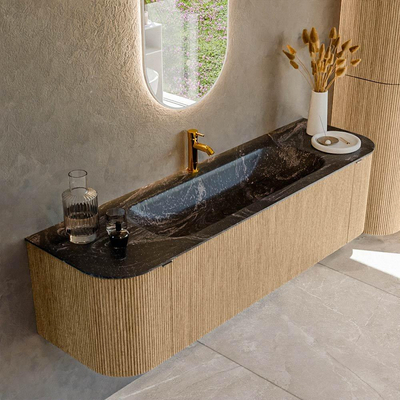 MONDIAZ KURVE-DLUX 160cm badmeubel met module 25 Len R kleur Oak met 1 lade en 2 deuren. Wastafel BIG MEDIUM midden 1 kraangat kleur Lava.