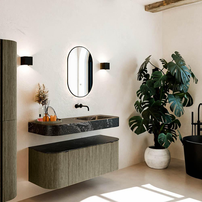 MONDIAZ THOR-DLUX 120cm meuble de salle de bains arrondi gauche + droite couleur Shadow avec 1 tiroir et 2 portes. Vasque suspendue CLOUD droite sans trou de robinet couleur Lava.