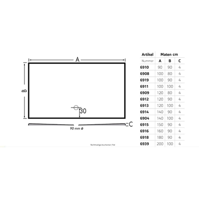 Xenz Flat douchevloer 120x90x4cm rechthoek Acryl Pergamon