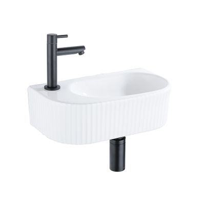 QeramiQ Fuente Ensemble de lavabo - 40x21.5x12cm - gauche - nervuré - demi-rond - 1 trou de robinet - céramique - robinet de lavabo noir mat - bouchon de vidange - siphon abaissé - blanc brillant