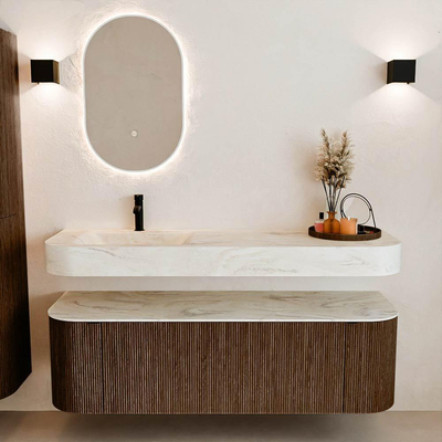 MONDIAZ THOR-DLUX 150cm meuble de salle de bains arrondi gauche + droite couleur Walnut avec 1 tiroir et 2 portes. Vasque suspendue CLOUD Gauche 1 trou de robinet couleur Ostra.