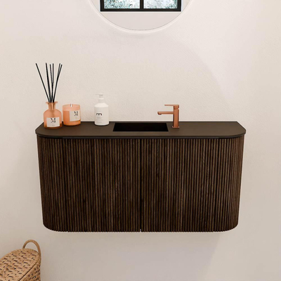 Mondiaz JOYA 83.2cm toiletmeubel - ronding links en rechts kleur Walnut - Wastafel FAYE positie Midden 1 kraangat kleur Urban.